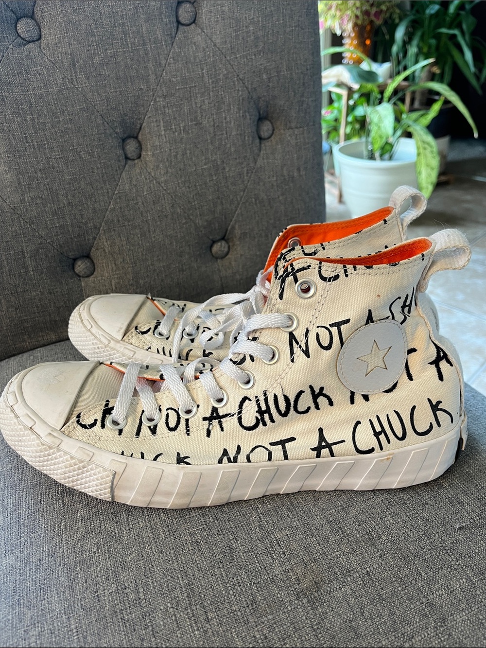 Converse Men’s High-Top  Sneakers in White Canvas with Black Script